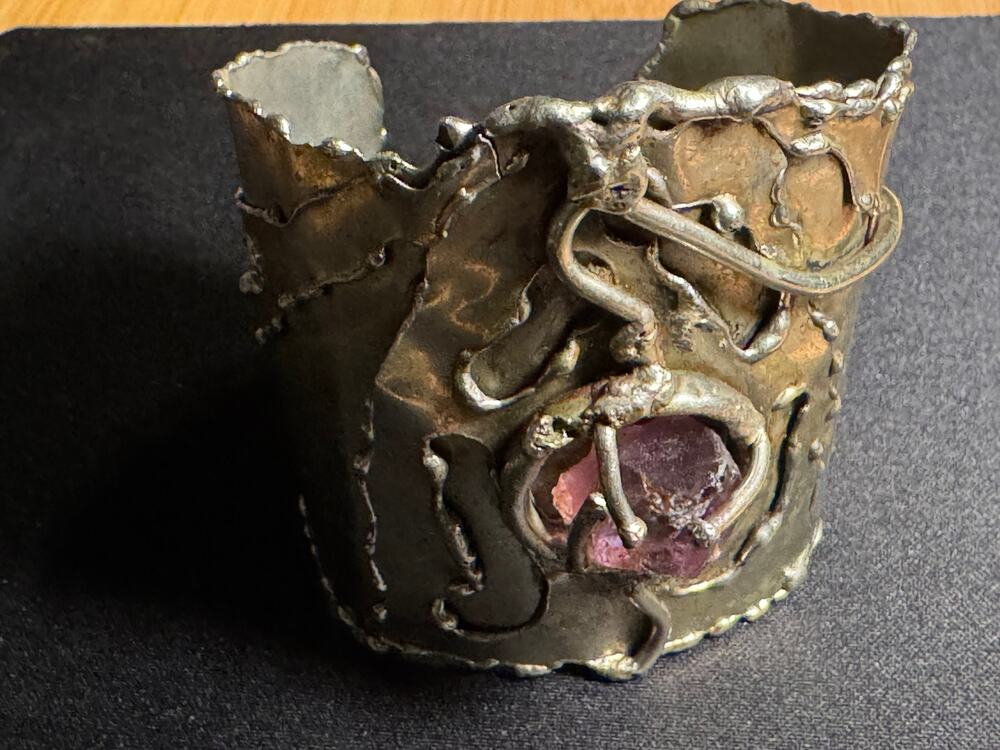 Vintage Brazilian Brutalist Silver Tone w/ Amethyst Raw Stone Cuff Bracelet